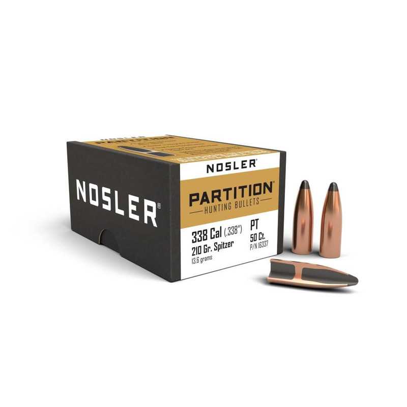 Nosler Partition .338 Caliber 210 Grain Spitzer Rifle Bullets, Box of 50 - NOS 16337