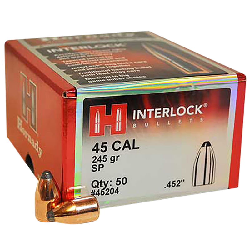Hornady InterLock 45 Cal .452 245 gr Spire Point Reloading Bullets - 45204