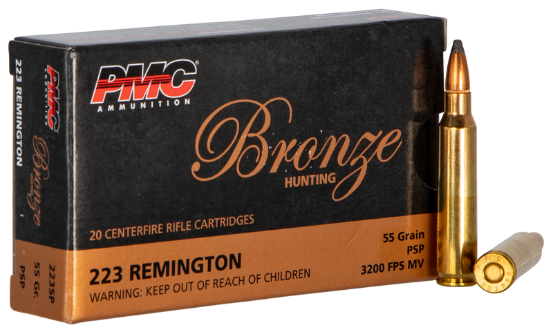 PMC Bronze 223 Rem 55gr Pointed Soft Point Rifle Ammunition, Brass - 223SP
