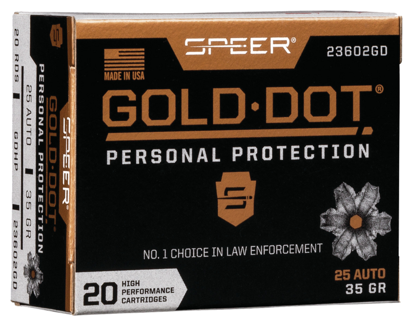 Speer Gold Dot Personal Protection 25 ACP 35gr Hollow Point Handgun Ammunition, 20 Round Box - 23602GD