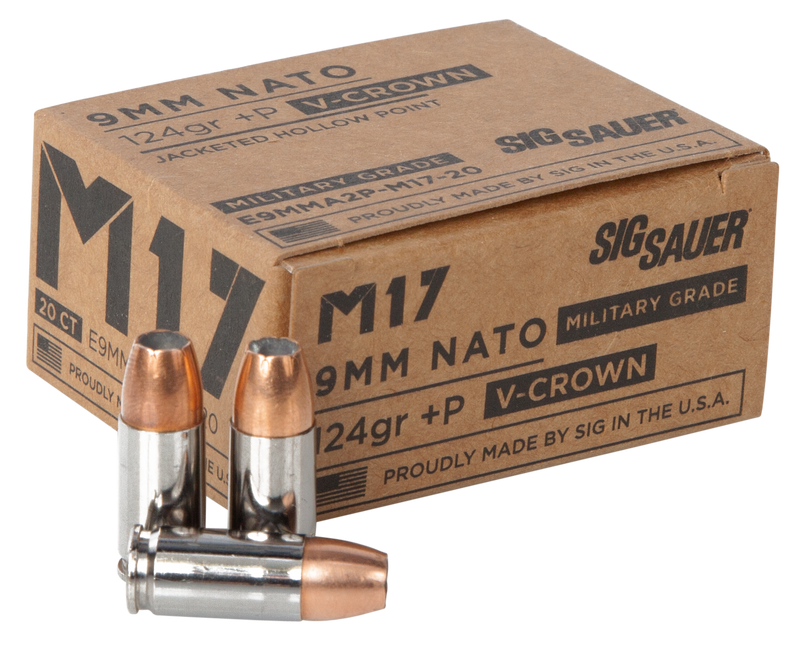 Sig Sauer Elite V-Crown M17 9mm +P 124gr Jacketed Hollow Point Handgun Ammunition, 20rd Box - E9MMA2PM1720