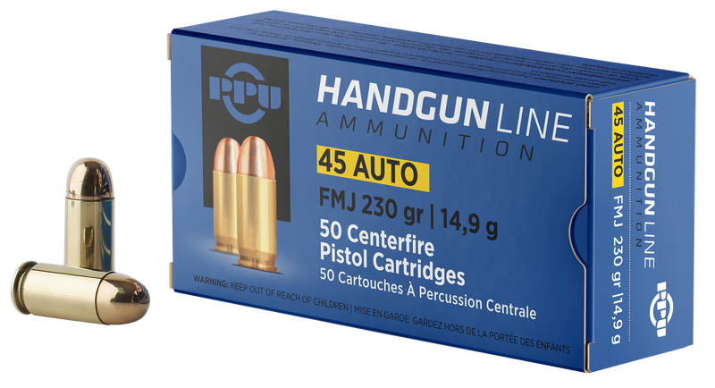 PPU .45 ACP 230gr Full Metal Jacket Handgun Ammunition, 50-Round Box - PPH45F