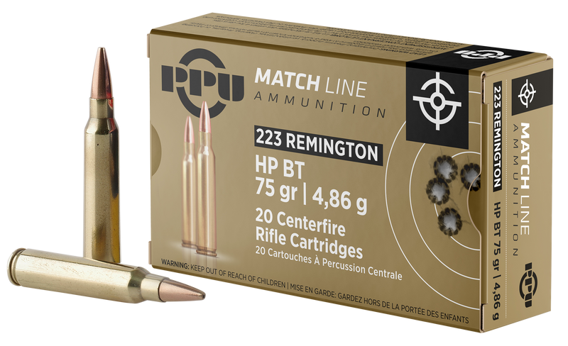 PPU Match .223 Rem 75gr Hollow Point Boat Tail Rifle Ammo, 20/Box - PPM2232