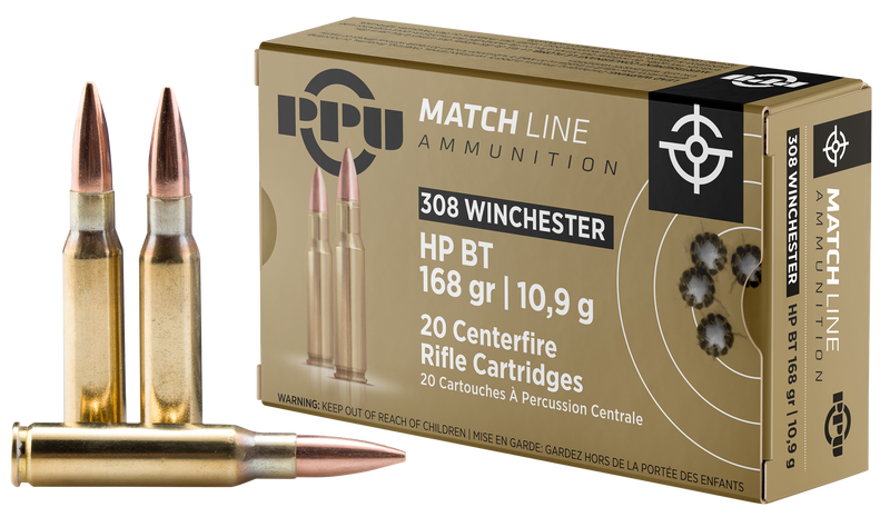 PPU Match .308 Win 168gr Hollow Point Boat Tail Rifle Ammo, 20/Box - PPM3082