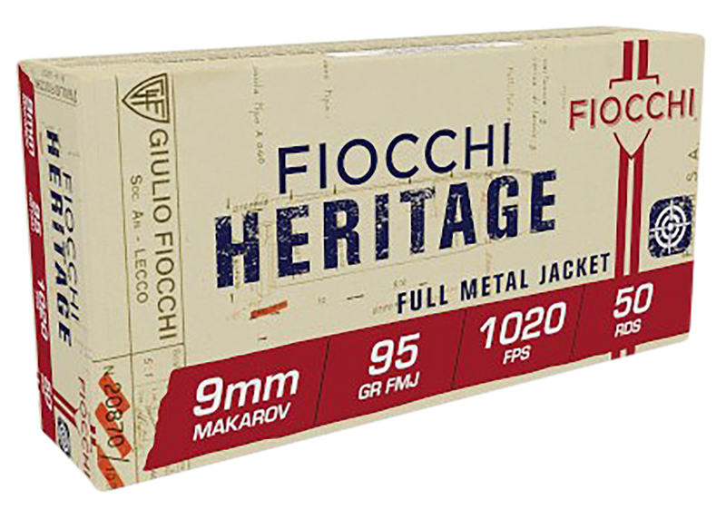 Fiocchi Heritage 9mm Makarov 95gr Full Metal Jacket Handgun Ammunition - 9MAK