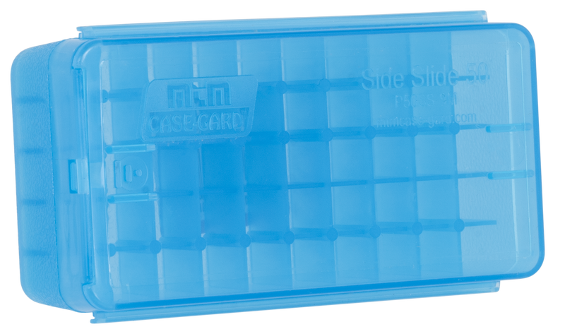 MTM Case-Gard Side-Slide Handgun Ammo Box 9mm Luger 50 Round Clear Blue Plastic - P50SS9M24