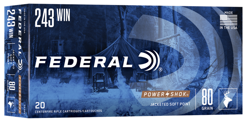 Federal Power-Shok 243 Win 80gr Soft Point Rifle Ammo, 20 Rounds - 243AS