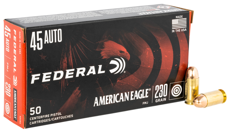 Federal American Eagle 45 ACP 230gr Full Metal Jacket Handgun Ammunition, 50rd Box - AE45A