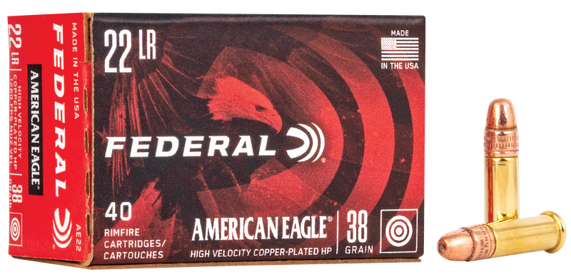 Federal American Eagle Brass .22 LR 38gr Copper Plated Hollow Point 40 Round Box - AE22
