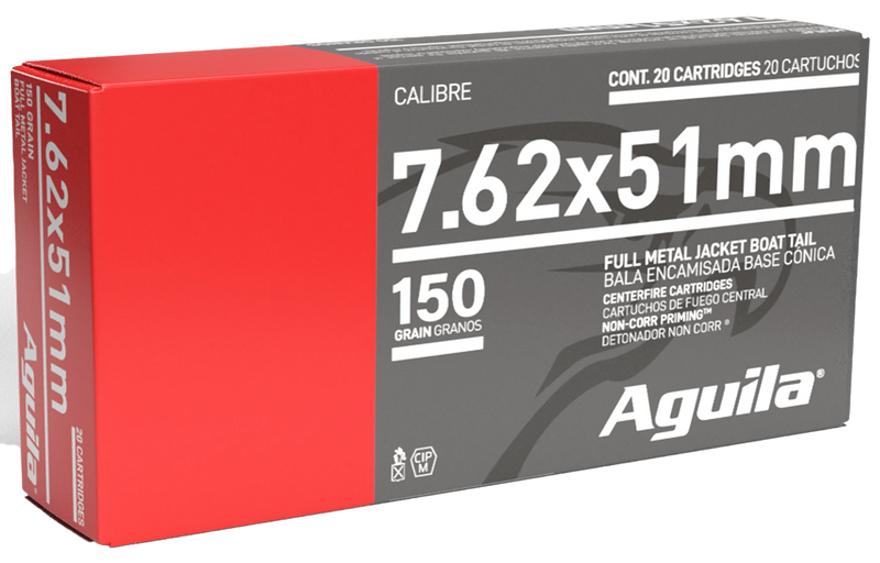 Aguila 7.62x51mm NATO 150gr Full Metal Jacket Boat Tail Rifle Ammunition, 20rd Box - 1E762110