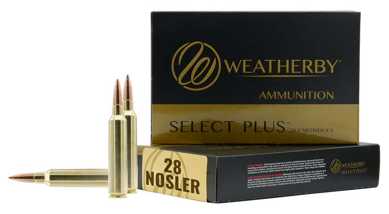 Weatherby Select Plus 28 Nosler 163gr Hammer Custom Rifle Ammunition, 20/Box - M28NS163HCB