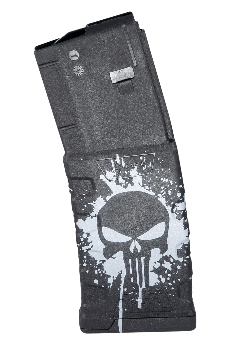 Mission First Tactical Extreme Duty 5.56 NATO 30rd Rifle Magazine, Black with White Punisher Skull Splatter - EXDPM556PSSWH