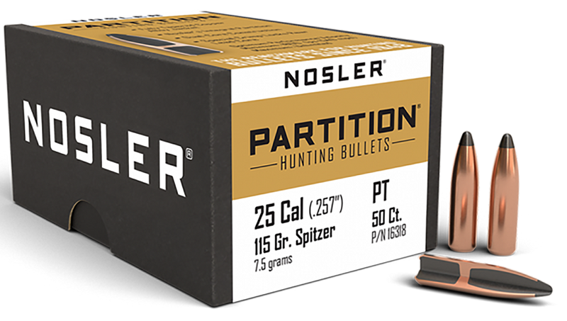 Nosler Partition 25 Caliber 115 Grain Spitzer Bullets 50/Box - 16318