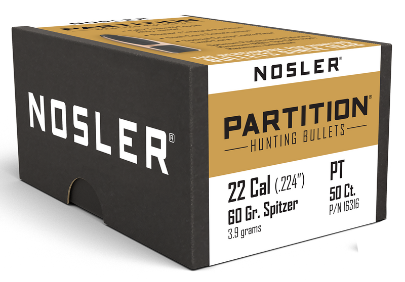 Nosler Partition .22 Cal 60gr Spitzer Rifle Bullets 50/Box - 16316