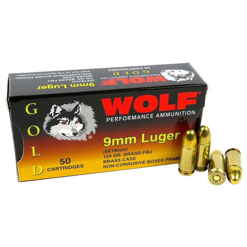 Wolf Gold 9mm Luger 124gr FMJ Handgun Ammunition 50/ct - G919FMJ