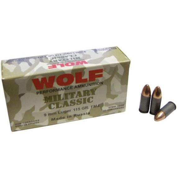 Wolf Military Classic 9mm Luger 115gr FMJ Handgun Ammunition 50rd - MC919FMJ