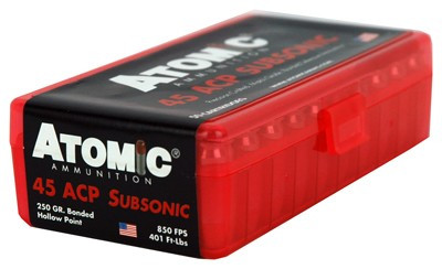 Atomic 45 ACP 250gr Subsonic JHP Handgun Ammo, 50rd - 00439
