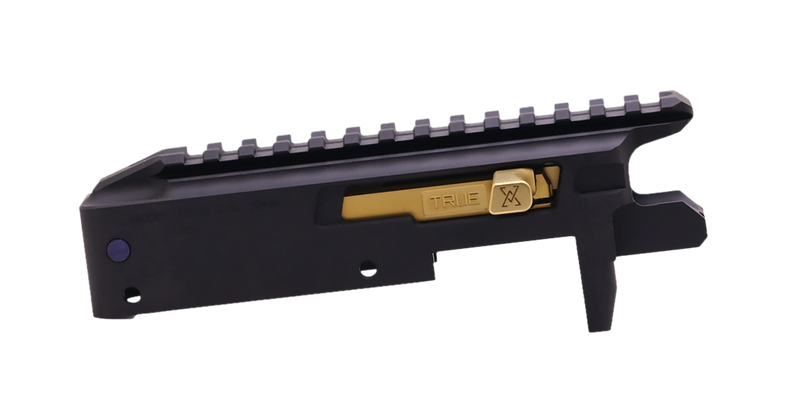 True Precision TP/22 Receiver Set, Aluminum Black Anodized with Gold Bolt - TP1022CMPRCBLG