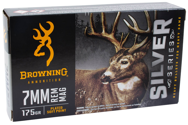 Browning Silver 7mm Rem Mag 175gr Plated Soft Point Rifle Ammo, 20 Round Box - B192600071