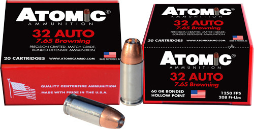 Atomic 32 ACP +P 60gr JHP Handgun Ammo, 20rd Box - 00484