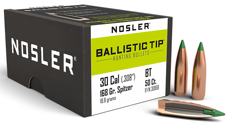 Nosler Ballistic Tip 30 Caliber 168gr Spitzer Hunting Bullets, Green Tip - 30168