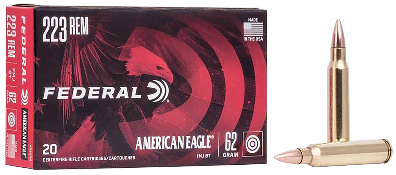Federal American Eagle 223 Rem 62gr Full Metal Jacket Boat Tail Rifle Ammo, 20rd - AE223N