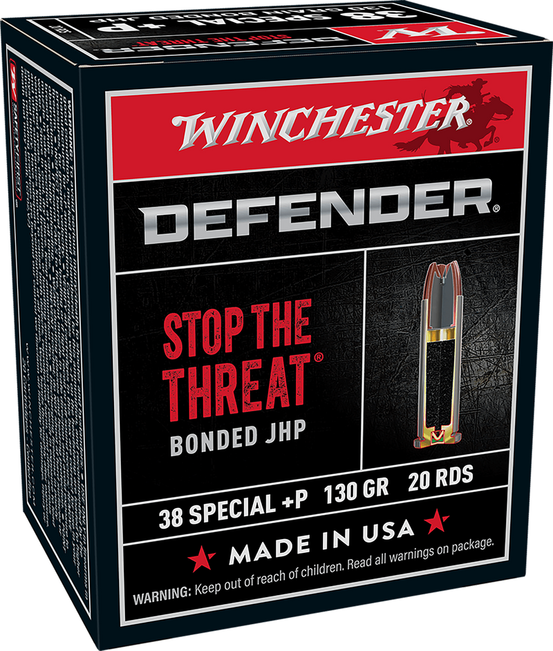 Winchester Defender 38 Special +P 130gr Bonded Jacket Hollow Point Handgun Ammo, 20rd Box - S38PDB