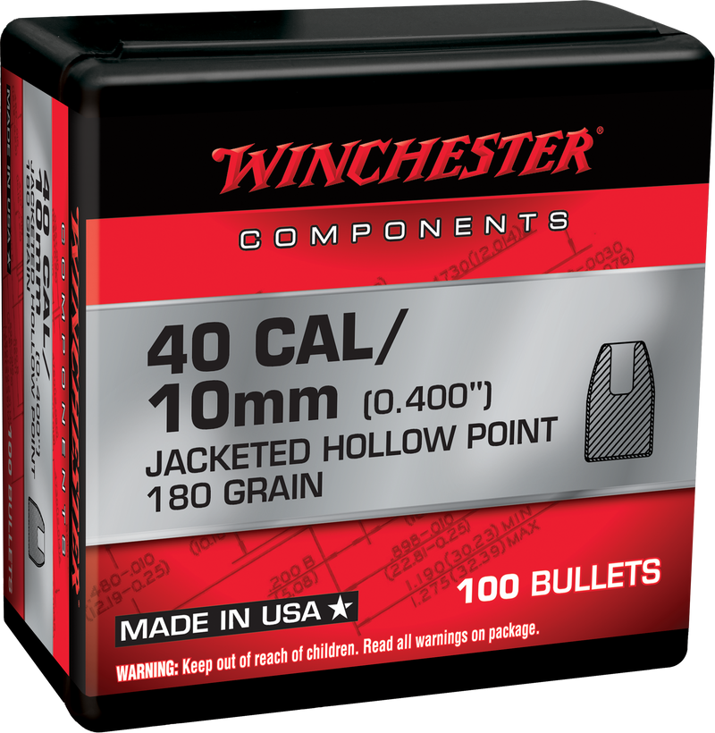 Winchester 40 S&W 180gr Jacketed Hollow Point Reloading Bullets - WB40HP180X