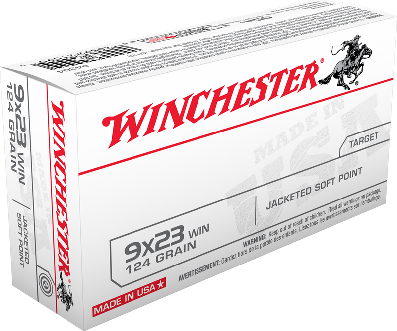 Winchester USA 9x23 Win 124gr Jacketed Soft Point Handgun Ammo, 50 Round Box - Q4304