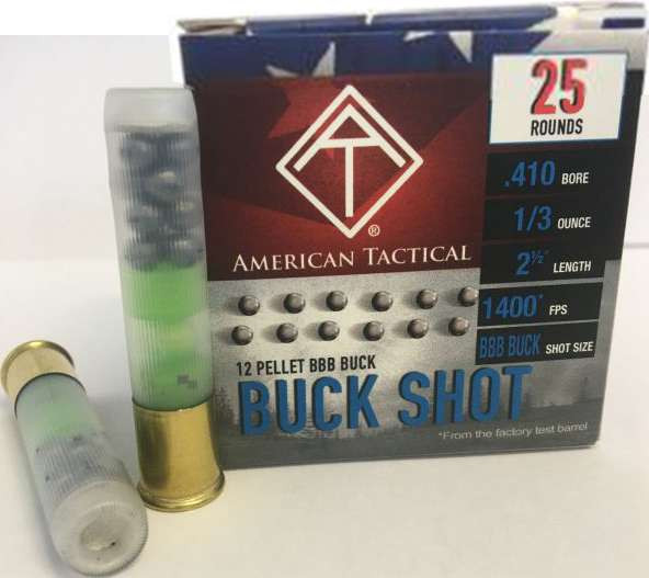 American Tactical Brass .410 Bore 1/3 oz BBB Buck 12 Pellet 2.5" 25 Round Box - ATI AC410BBBC