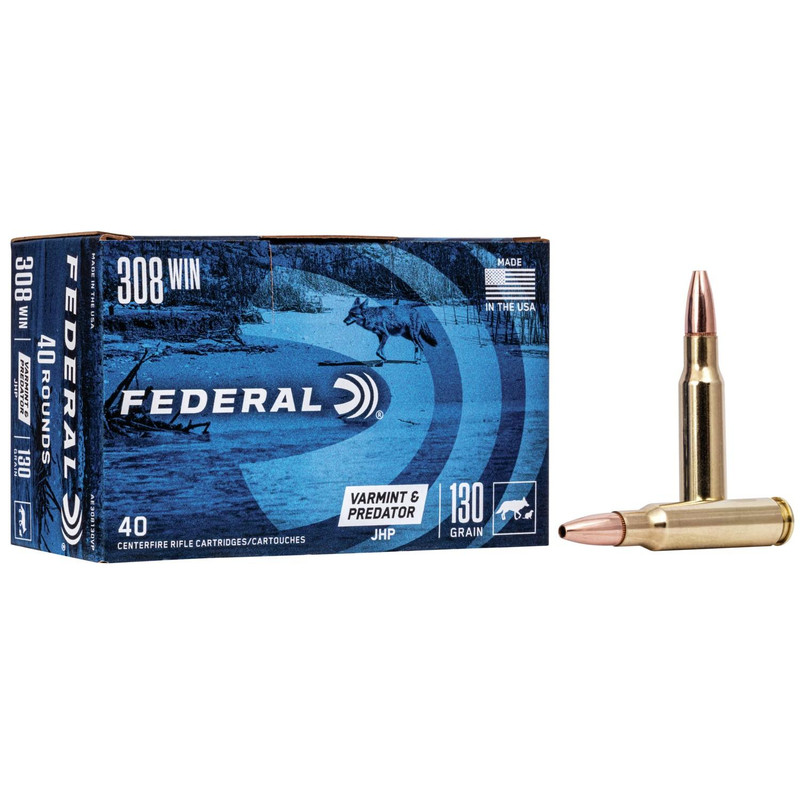Federal American Eagle Varmint & Predator .308 Win 130gr JHP Rifle Ammunition, 40-Round Box - AE308130VP