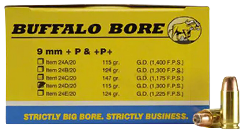 Buffalo Bore Ammunition Personal Defense Strictly Business 9mm Luger +P 115gr Jacketed Hollow Point - 24D20