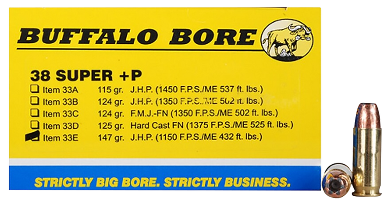 Buffalo Bore Ammunition Personal Defense Strictly Business 38 Super +P 147gr Jacketed Hollow Point - 33E20