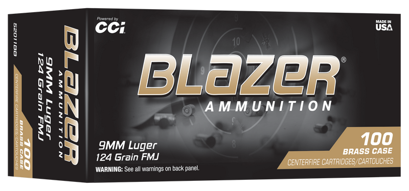 CCI Blazer Brass 9mm 124gr FMJ Handgun Ammunition 100/10 - 52011BB