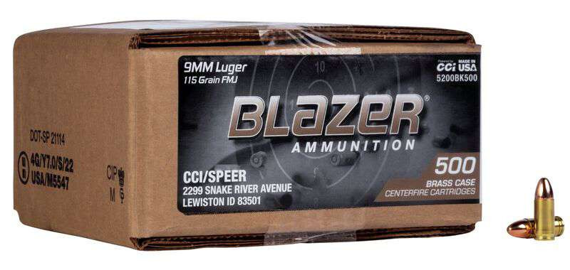 Blazer Brass 9mm Luger 115gr FMJ 500rd Bulk Box - 5200BK500