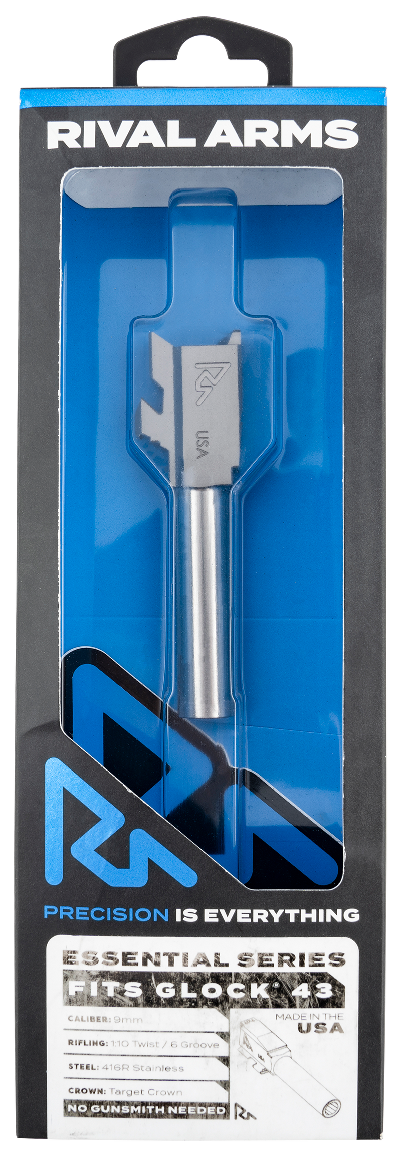 Rival Arms Essential V2 Match Grade 9mm Luger Barrel 3.41" Stainless Steel, Fits Glock 43/43X - RARA22G301D