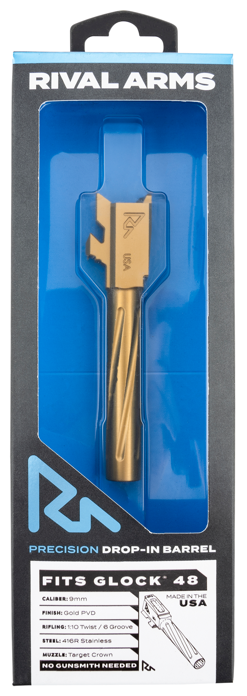Rival Arms Precision V1 Match Grade 9mm Luger Barrel 4.17" Gold PVD Stainless Steel, Fits Glock 48 - RARA20G801E