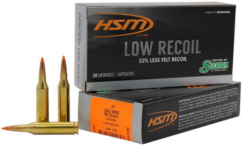 HSM Low Recoil 243 Win 85gr Orange Polymer Tip Rifle Ammo, 20rd Box - 24318N