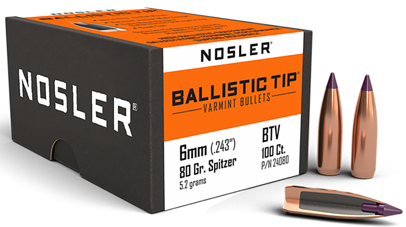 Nosler Ballistic Tip Varmint 6mm 80gr Spitzer Point Purple Tip - 24080