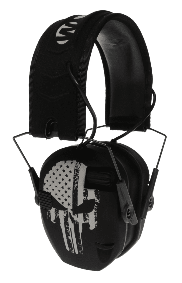 Walker's Razor Slim Electronic Freedom Muff, Black w/ Distressed Punisher Flag - WPRSEMFSPUN