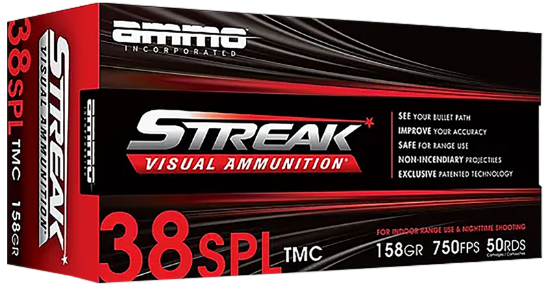 Ammo Inc Streak Visual 38 Special 158gr Total Metal Case 50rd Box, Red - 38158TMC-STRK-RED-50