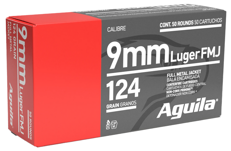 Aguila 9mm Luger 124gr Full Metal Jacket Handgun Ammo, 50rd Box - 1E092110