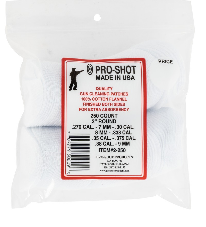Pro-Shot Cleaning Patches Cotton Flannel .270-.38 Cal 2" Round 250 Pack - 2250