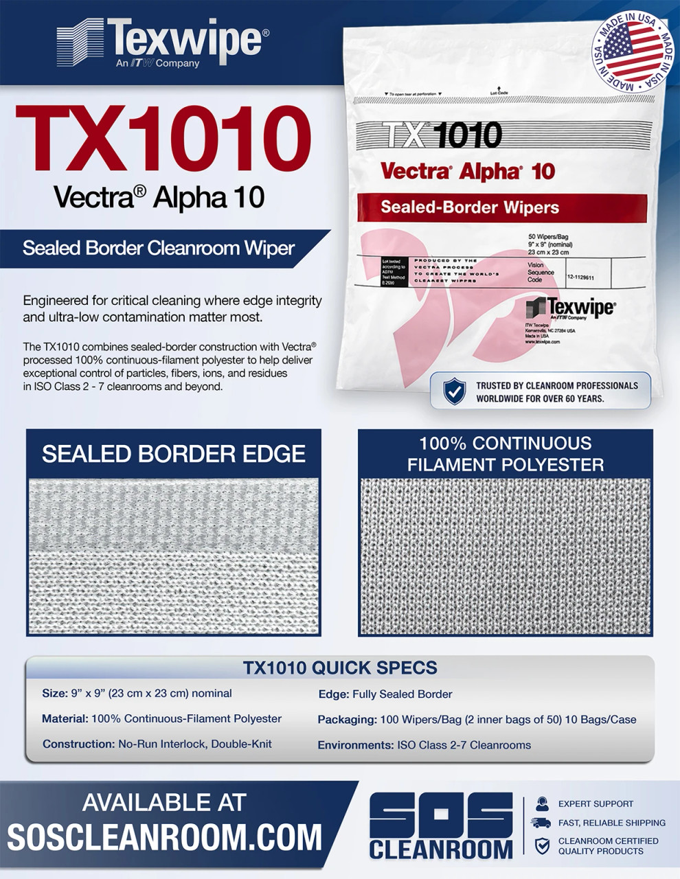 TX1010 9 x 9 Polyester Cleanroom Wiper