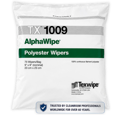 Texwipe TX1009 AlphaWipe 9x9 polyester cleanroom wiper bag (front)