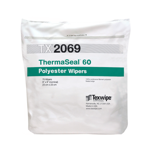 Texwipe TX2069 ThermaSeal60 9x9 polyester cleanroom wiper sealed edge bag (front)