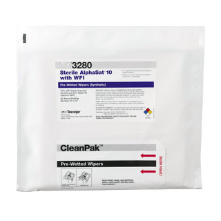 Texwipe TX3280 Sterile AlphaSat10 12" x 12" Polyester Cleanroom Wiper Pre-Wetted 70% IPA / 30% WFI Bag (Front)