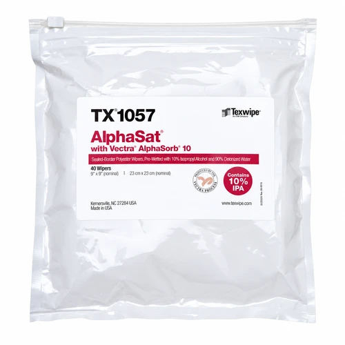 Texwipe TX1057 AlphaSat 9" x 9" Polyester Cleanroom Wiper Pre-Wetted 10% IPA Bag (Front)