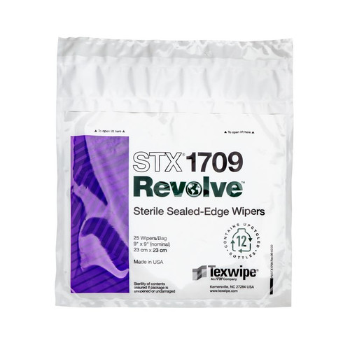 Texwipe STX1709 Sterile Revolve 9" x 9" Upcycled Polyester Cleanroom Wiper Bag (Front)