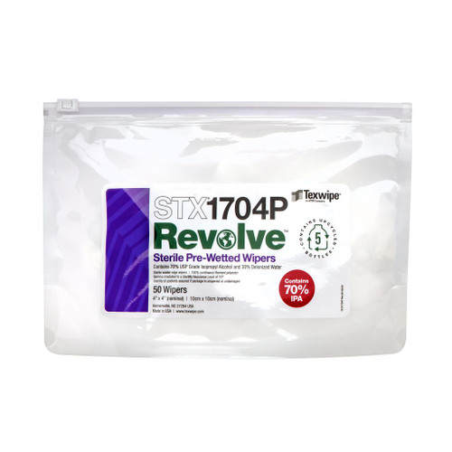 Texwipe STX1704P Sterile Revolve 4" x 4" Upcycled Polyester Cleanroom Wiper Pre-Wetted 70% IPA Bag (Front)